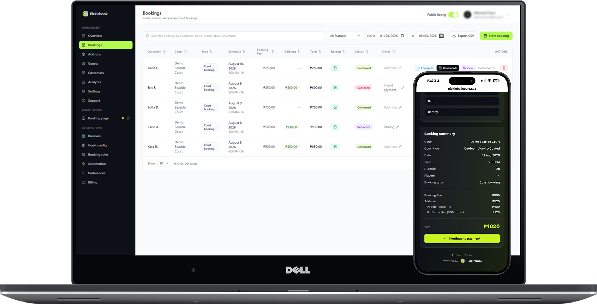 Picklebook booking dashboard screenshot